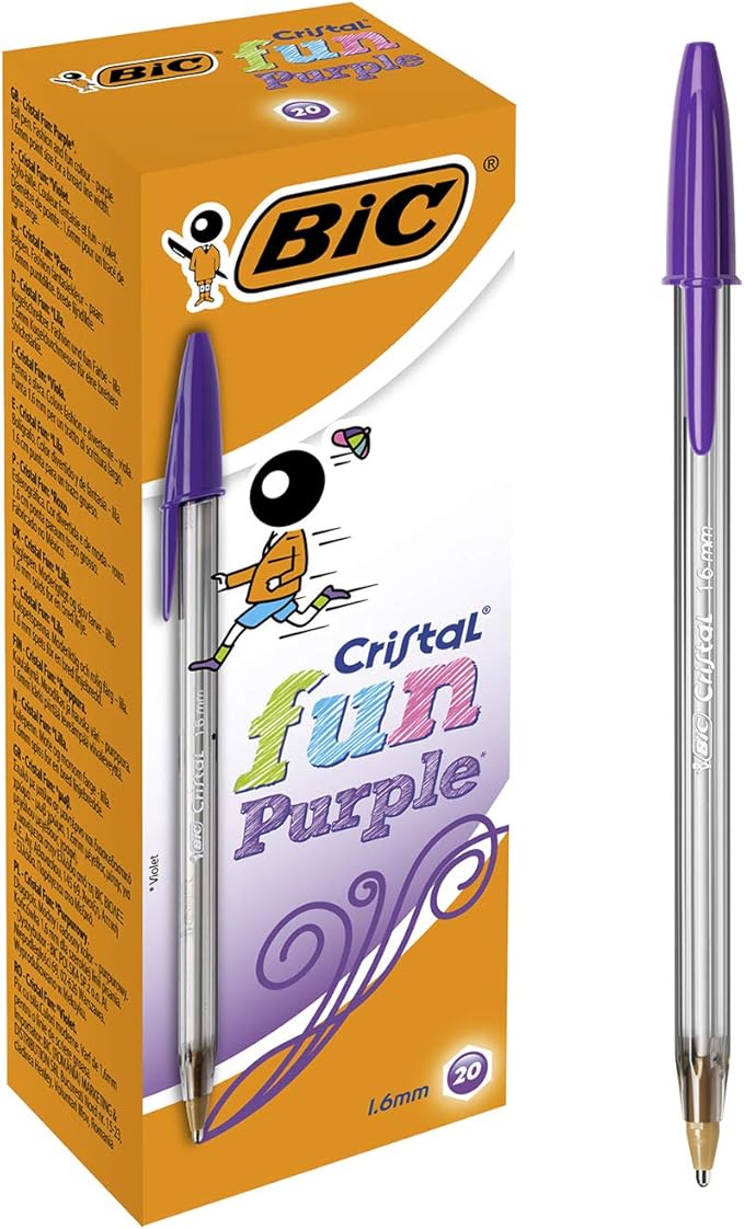 BIC Cristal Fun, Ballpoint Pens, Smudge-Proof Writing Pens and Wide Point (1.6 mm), Ideal for School, Purple Ink, Pack of 20
