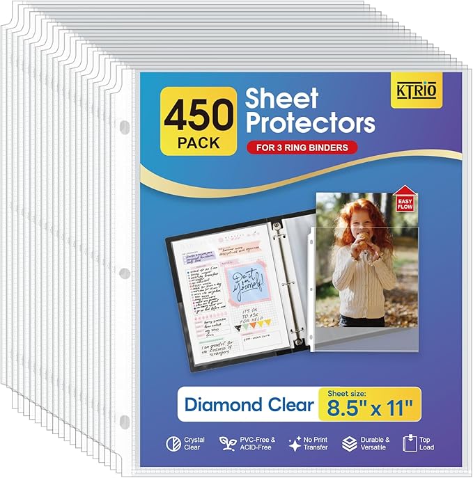 KTRIO Sheet Protectors 8.5 x 11 Inch, Clear Top Loading Page Protectors for 3 Ring Binder, Polypropylene Plastic Sleeves, Letter Size Document Protectors, Office & Home, 450 Pack