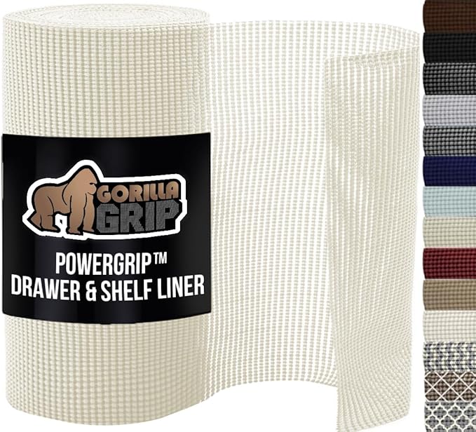GORILLA GRIP powerGRIP Drawer Shelf and Cabinet Liner, Thick Strong Hold, Non-Adhesive Liners Protect Kitchen Cabinets and Cupboard, Bathroom Drawers, Easy Install, Breathable Mat, 12" x10' Snow White