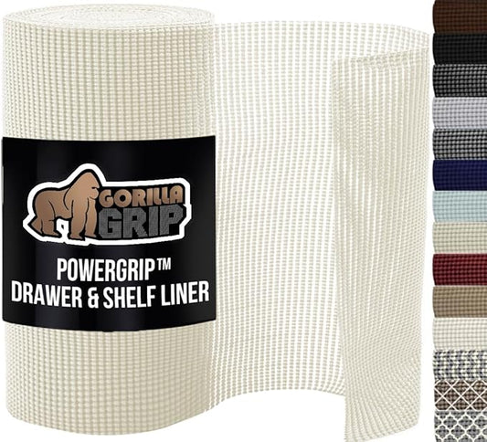 GORILLA GRIP powerGRIP Drawer Shelf and Cabinet Liner, Thick Strong Hold, Non-Adhesive Liners Protect Kitchen Cabinets and Cupboard, Bathroom Drawers, Easy Install, Breathable Mat, 17.5" x10', White