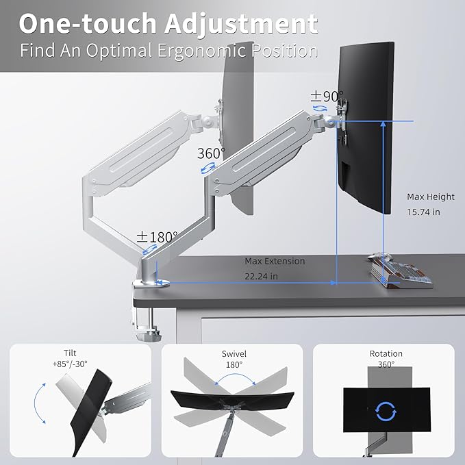 Suptek Single Monitor Mount Adjustable Gas Spring Monitor Arm Desk Mount Stand Fits 17 20 22 23 24 26 27 32 33 inch Monitors,Holds up to 22 lbs,Silver(MD18S)
