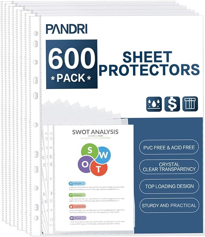 Sheet Protectors, PANDRI 600 Pack Clear Heavy Duty Plastic Page Protectors Sheet Reinforced 11-Hole Fit for 3 Ring Binder Fits Standard 8.5 x 11 Paper, 9.25 x 11.25 Top Loaded, Excluding Acid