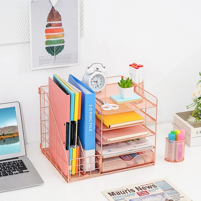Marbrasse Rose Gold Desk Organizer with File Holder, 5-Tier Paper Letter Tray Organizer and Drawer, Mesh Desktop Storage with Magazine Holder for Office Supplies