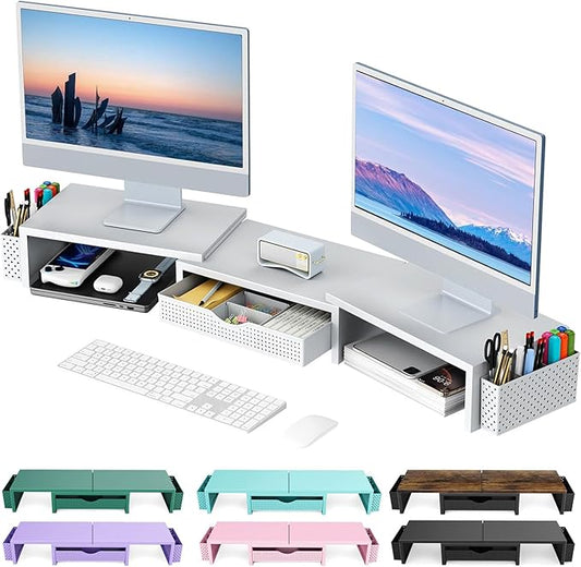 gianotter Dual Monitor Stand Riser, Desk Organizer With Drawer and 2 Pen Holders, Monitor Stand for Desk, Office Decor Essentials (White)