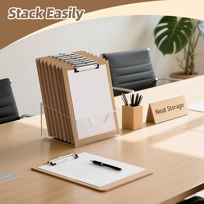 HappyHapi 20 Pack Clipboard 8.5 x 11 Letter Size Clip Boards Bulk, A4 Wooden Hardboard Office Clipboards Pack for Classroom, Work-Meetings, Brown