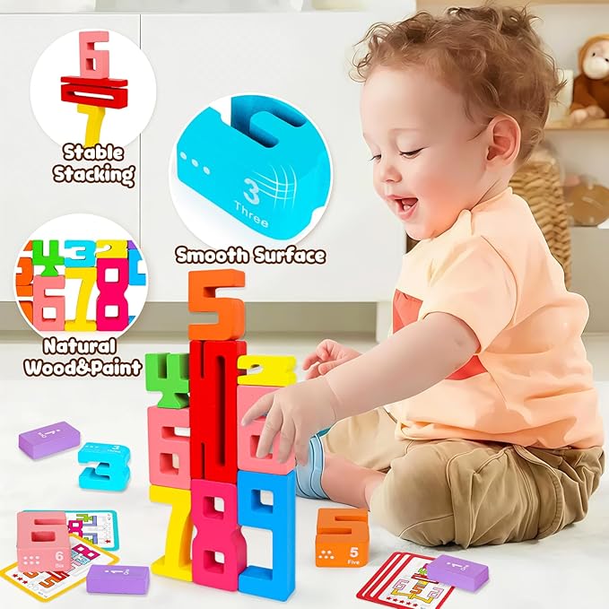 Montessori Wooden Number Building Blocks Toys for Toddlers Kids Stacking Number Blocks 1-10 Preschool Math Learning Educational Toys for 3 4 5 Year Old Boys Girls Gifts 3-5 Balance Competition Game
