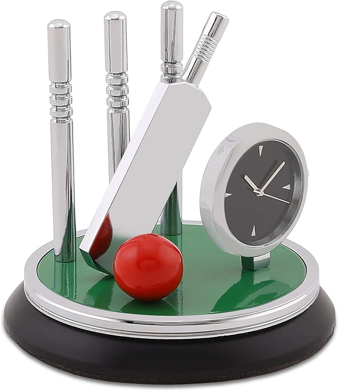 Metal Cricket Kit Style Table Clock, Silver Finish Clock with Bat, Ball & Stumps, Battery Operated Desk Showpiece, Paperweight for Office, Home Decor, Gift for Cricket Lovers