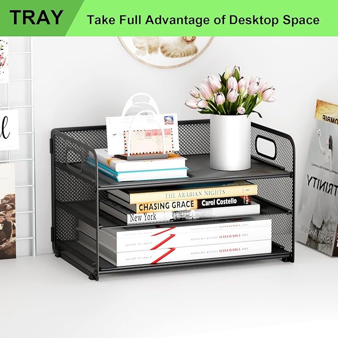 3 Tier Paper Letter Tray Organizer for Desk, Mesh File Folder Document Organizer with Handle for Home Office Supplies Desktop Accessories, Black