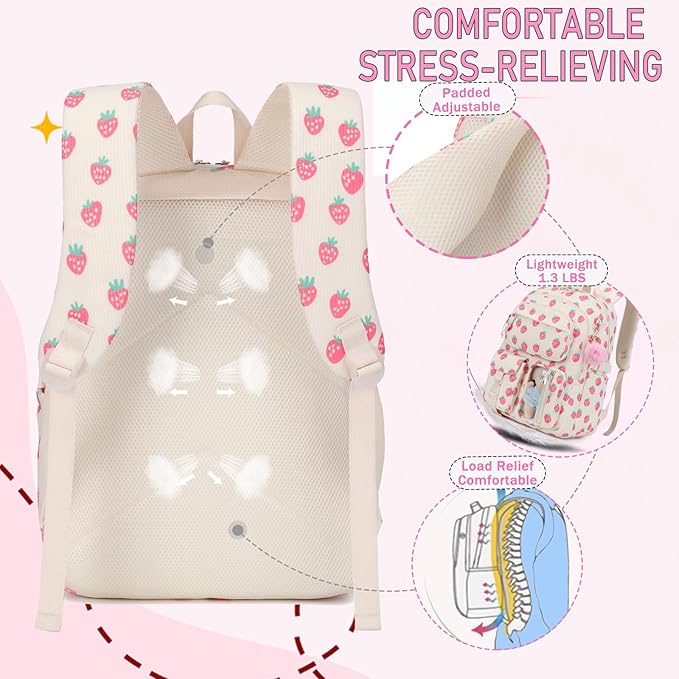 Corduroy Flower Backpack for Girls Teens School Bookbag with Lunch Box Pencil Case Laptop Sleeve Elementary Middle School Bag, Sakura-Pink