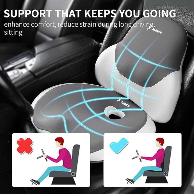 FLORICH Seat Cushion with Lumbar Support Pillow and Car Neck Headrest Pillow Kit for Office Chair, Memory Foem Sciatica Tailbone Hip Lower Back Pain Pressure Relief Butt Pads for Long Sitting Driving