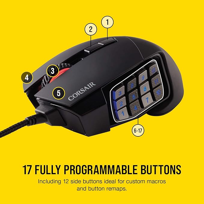 Corsair Scimitar RGB Elite Wired MOBA/MMO Gaming Mouse – 18,000 DPI – 17 Programmable Buttons – iCUE Compatible – PC, Mac, PS5, PS4, Xbox – Black