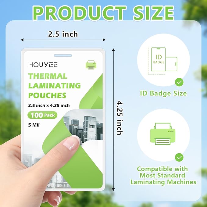 HOUYEE 100 Pack 5Mil Thermal Laminating Pouches, 2.5x4.25 Inches ID Badge Size Laminate Pouches with Hole, Ultra Clear Laminating Sheets, HeatSeal Laminator Pouches for ID Cards, Name Tags, Office Use