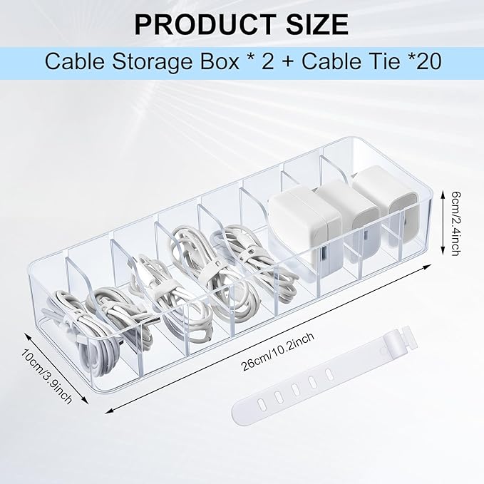 Tatuo 2 Pcs Cable Organizer with 20 Wire Ties, Plastic Cord Storage Charger Box Electronics Organizer with Adjustment Compartments Cable Storage for Drawer Home Office Desk Accessories (Clear)