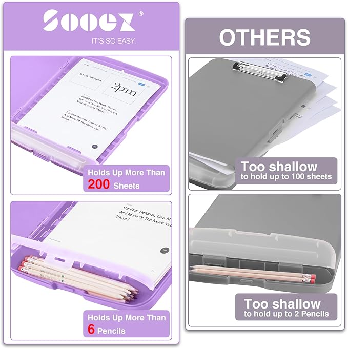 Sooez Clipboard with Storage, High Capacity Nursing Clipboard with Pen Holder, Clip Boards 8.5x11 with Storage, Low-Profile Clip, Lightweight Plastic Clipboard for Teachers, Lawers, Office Workers