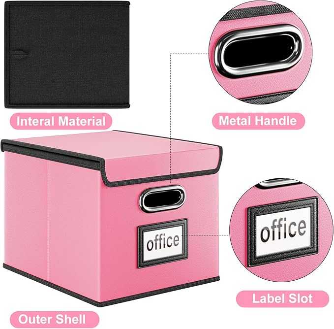Huolewa Portable Leather File Organizer Boxes with Lids, Office Document Boxes Organizer, Filing Boxes, Decorative Small File Boxes for Hanging Files, File Cabinet for Office/Home - 4 Pack