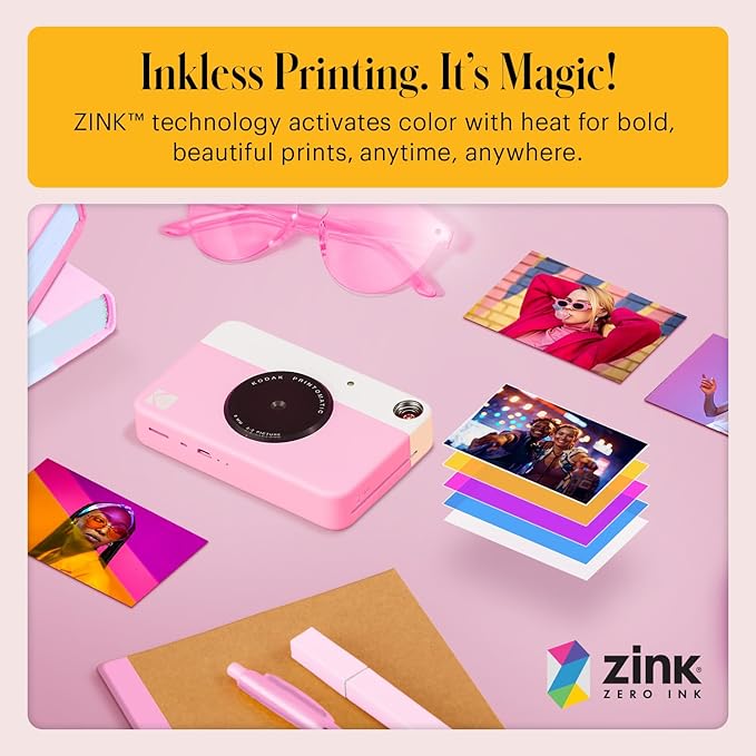 KODAK Printomatic Full-Color Instant Print Digital Camera - Colorful Photos On Zink 2x3" Sticky-Back Photo Paper - 5MP, Portable, Creative Fun Gift for Birthday, Christmas, Holiday - Pink