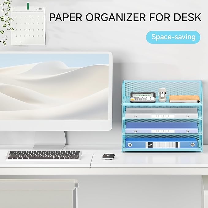 Lavatino 4-Tier Paper Organizer Trays - Blue Mesh File Folder Sorter with Handles, Desk Letter Holder Organizer for Office, Home, School Supplies Storage & Organization