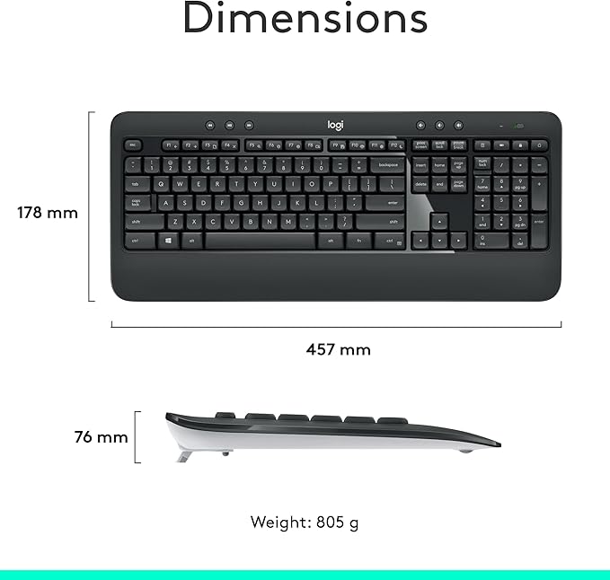 Logitech MK540 Advanced Wireless Keyboard and Mouse Combo for Windows, 2.4 GHz Unifying USB-Receiver, Multimedia Hotkeys, 3-Year Battery Life, for PC, Laptop