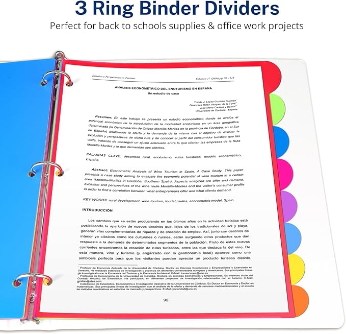 Dividers for 3 Ring Binder, 8 Tab Vibrant Colors 3 Sets 24 Pcs Plastic Binder Dividers with Tabs, 3 Hole Punched Tab Dividers Letter Size for School Office, Assorted Bright Rainbow Colors