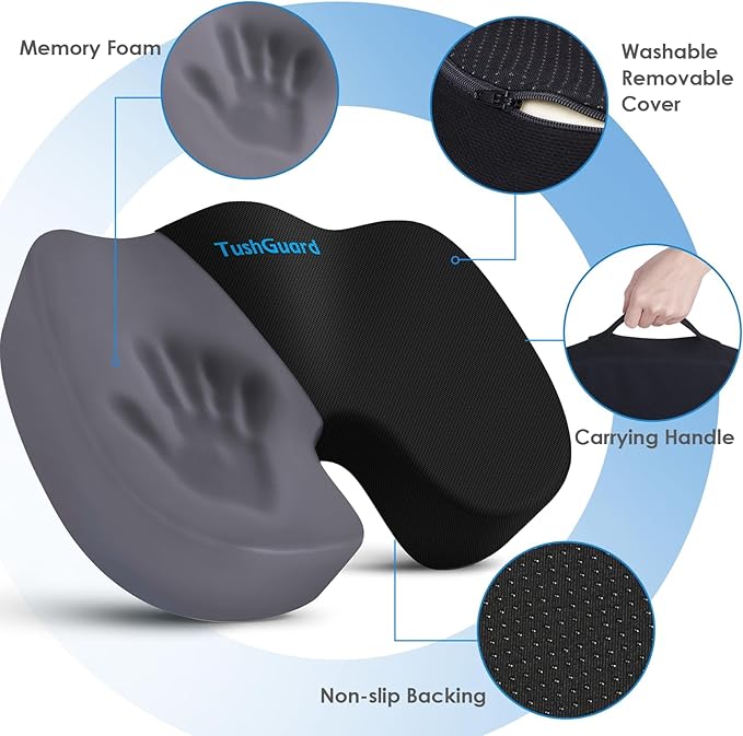 TushGuard Seat Cushion for Office Chair Memory Foam Non-Slip Cushion Back, Coccyx, Sciatica, Tailbone Pain Relief Butt Pillow for Office Chair, Car, Wheelchair, Black, XX-Large