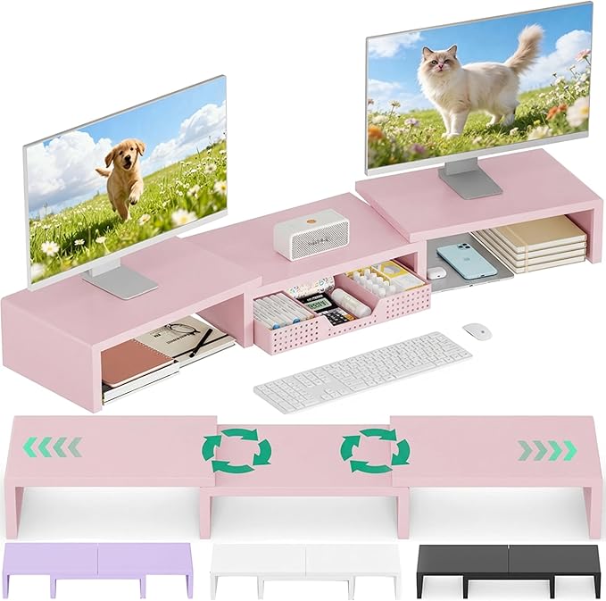 OPNICE Desk Organizers and Accessories, Dual Computer Monitor Stand Riser with Drawer, Office Decor for Women, Office Desk Accessories & Workspace Organizers, Pink