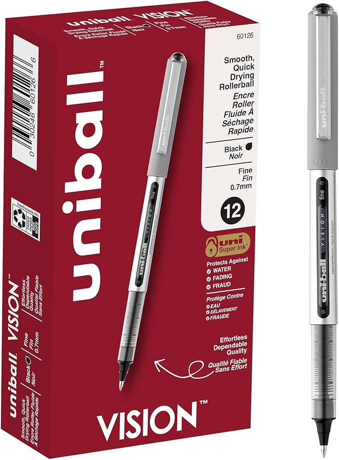 uni-ball(R) Vision(TM) Rollerball Pens, 0.7 mm, Fine Point, Gray Barrel, Black Ink, Pack Of 12, 60126