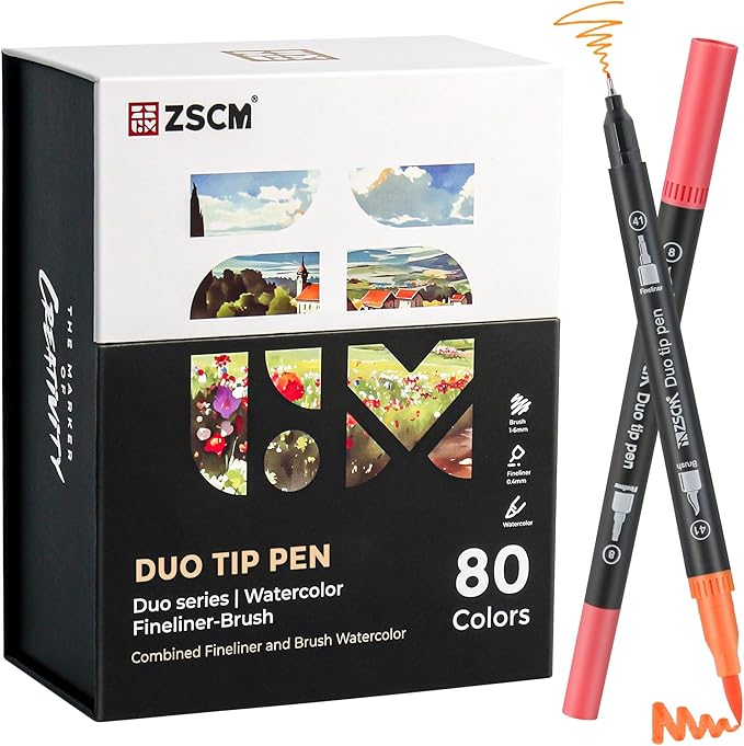 ZSCM 80 Colors Markers for Adult Coloring Books No Bleeding - Duo Tip Art Pens, Fine & Brush Coloring Marker for Adult Calligraphy, Illustration, Cards Drawing, Note taking Lettering, Journaling