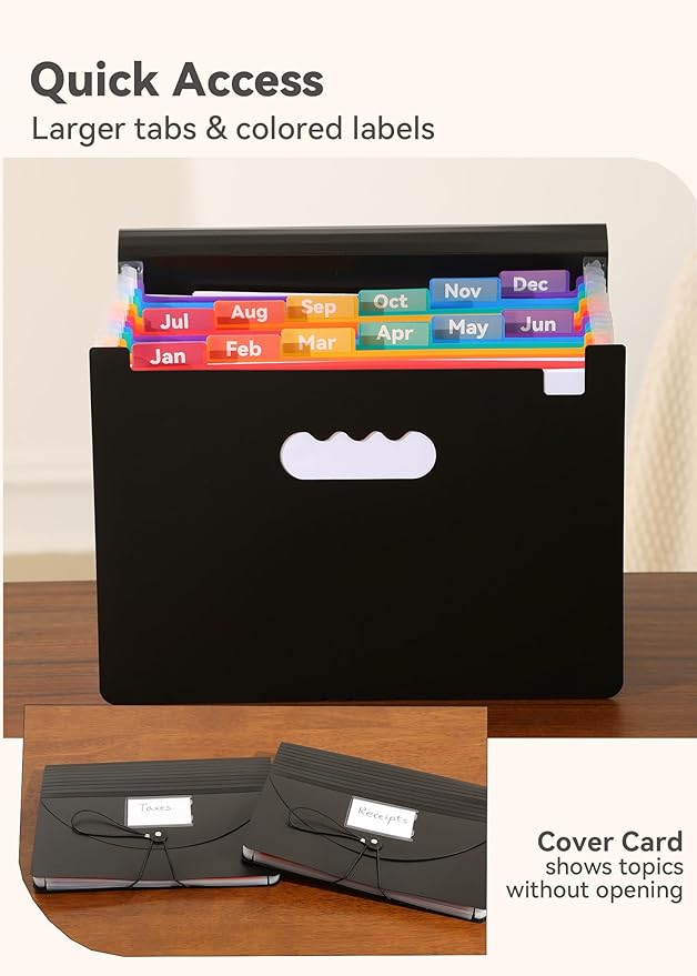 Accordion File Organizer 12 Pockets, Monthly Bill Receipt Tax Organizer, Expanding File Folders with Larger Bright Tabs, Fits Letter/A4 Size - Black