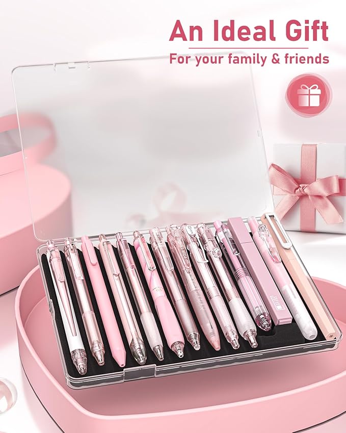 Four Candies Writing Ink Pens with Black & Pink Ink and 2Pack Highlighter, Cute Retractable 0.5mm Smooth Writing Pens,Pink Pens for School, Office Girly Stationery Aesthetic Desk Accessories Set of 14