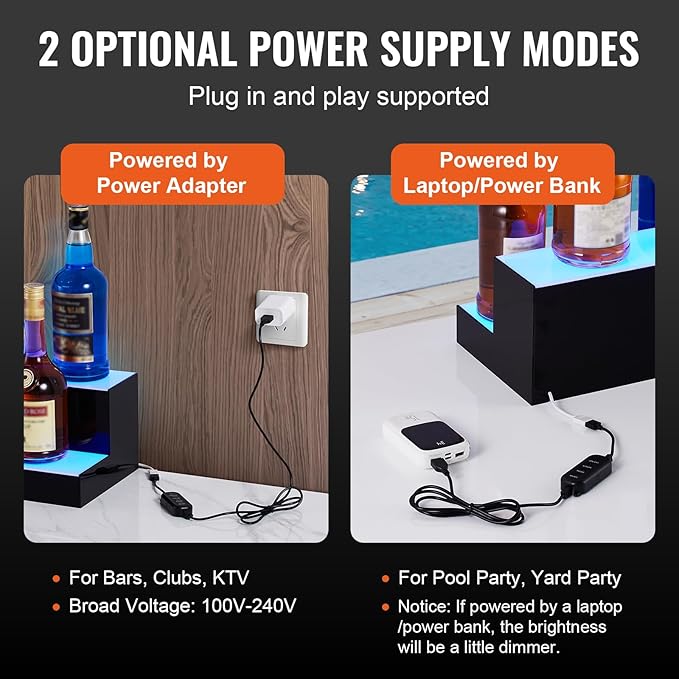 VEVOR LED Lighted Liquor Bottle Display, 2 Tiers 48 Inch Commercial Illuminated Home Bar Shelf, 2 Steps Whiskey Rack Stand, Acrylic Drink Shelves with RF Remote & App Control, and Multicolor Light