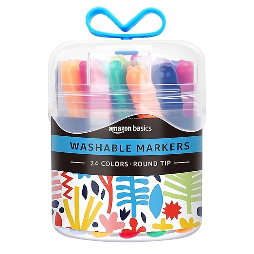 Amazon Basics Washable Markers for Kids, Round Tip Assorted Colors, Non-Toxic Drawing and Coloring School Supplies, Arts & Crafts, Pack of 24