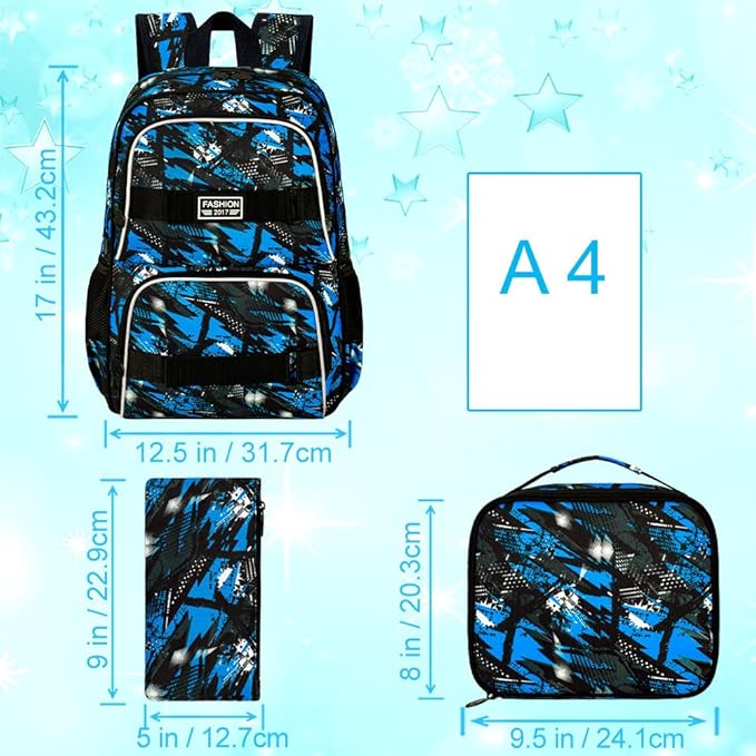 3PCS Boys Backpack, 17" Water Resistant School Bag with Lunch Box, Cute School Bag Set for College Teenagers High Middle Elementary - Graffiti Blue