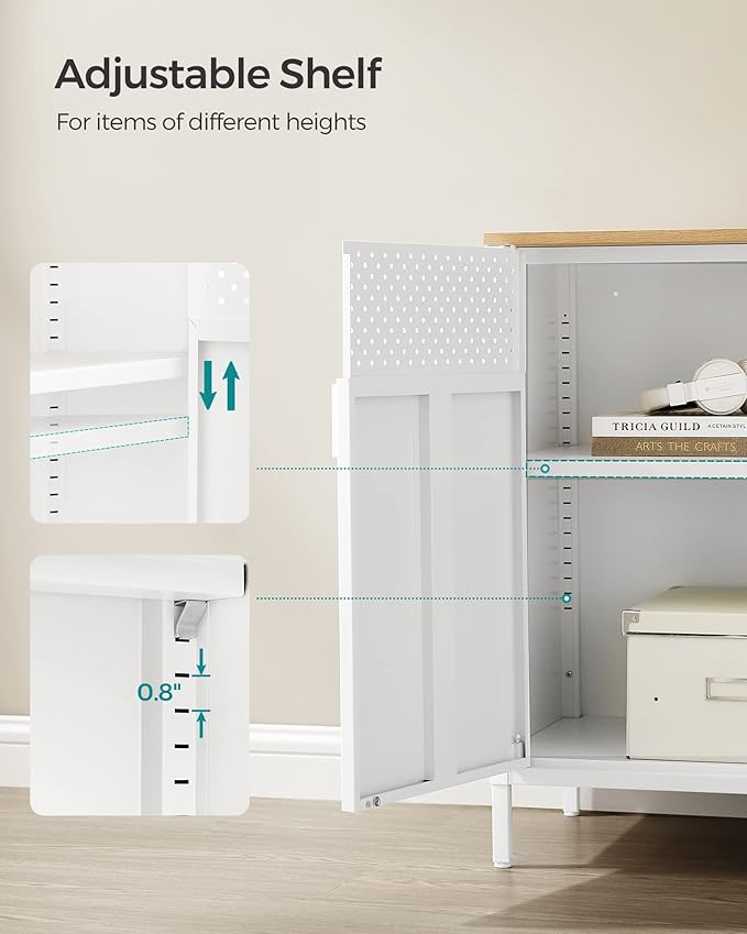 SONGMICS Set of 2 Storage Cabinets, Metal Cabinet, Sideboard with 2 Doors, 15.7 x 31.5 x 29.9 Inches, Magnetic Closure, Adjustable Shelf, Steel Frame, Natural Beige and White ULSC791W01