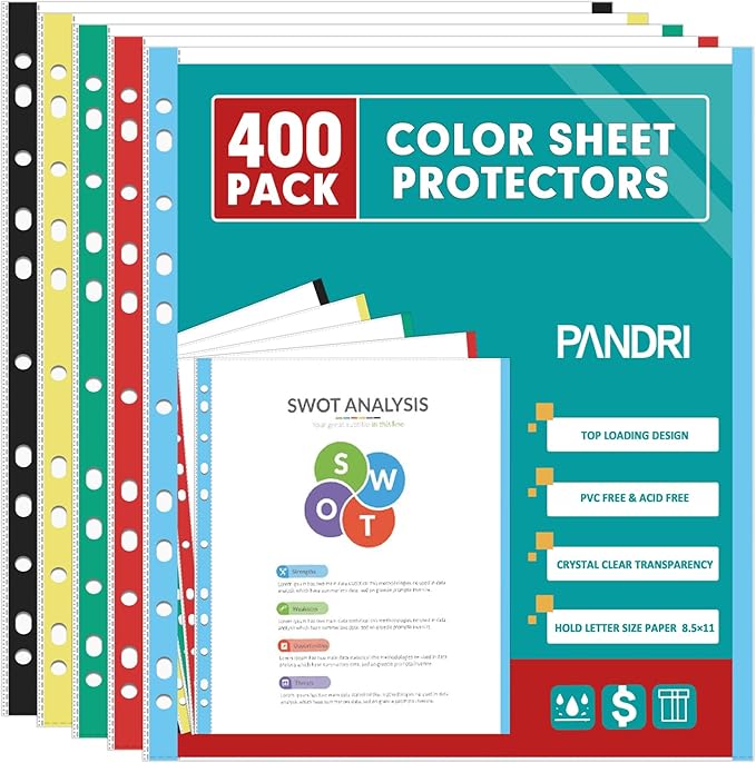 Sheet Protectors, PANDRI 400 Pack Color Heavy Duty Plastic Page Protectors Sheet Reinforced 11-Hole Fit for 3 Ring Binder Fits Standard 8.5 x 11 Paper, 9.25 x 11.25 Top Loaded, Excluding Acid