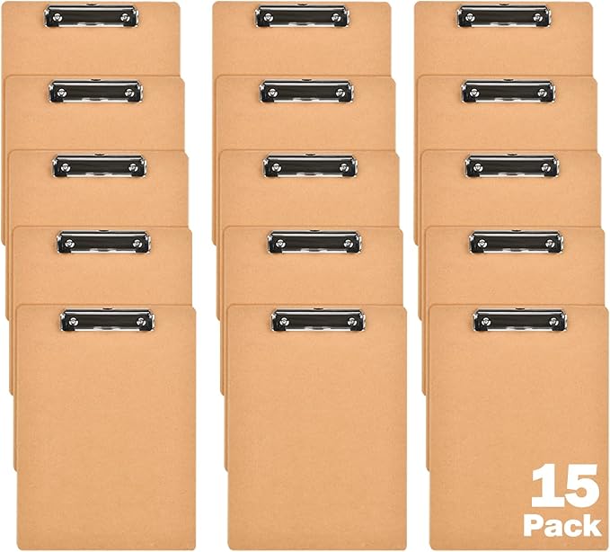 6 x 9 Clipboards Bulk, 15 Pack Small Clip Board, A5 Letter Size Wooden Hardboard Kids Clipboard Pack for Classroom, Party, Home, Brown