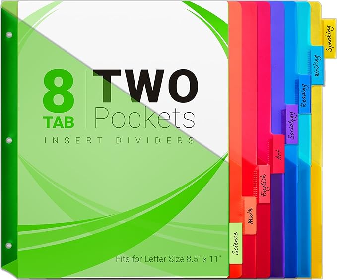 8-Tab Dividers for 3-Ring Binders, 8 Counts Dividers with 2 Pockets, Insertable 8 Tabs Binder Divider for 1/2''/1''/2''/3'' inch Binders, 8 Colors (1)
