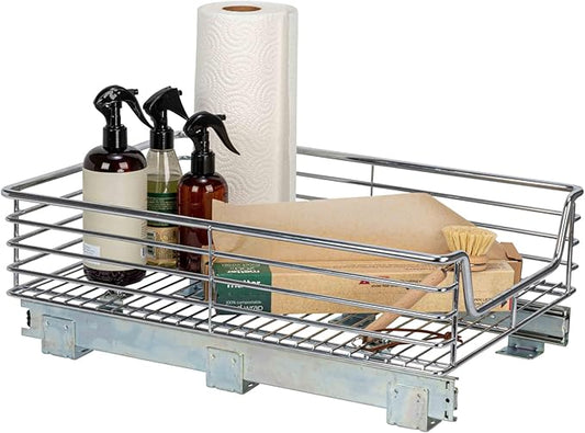 Household Essentials Glidez Chrome-Plated Steel Extended Depth 1-Tier Sliding Under Sink Cabinet Organizer, Chrome