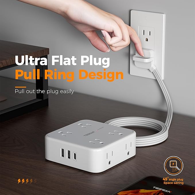 Surge Protector Power Strip, TESSAN 5 FT Flat Extension Cord with 8 AC Outlets 3 USB Ports (1 USB C), 900 Joules Protection, 3-Sided Wall Plug Extender, Desk Charging Station for Office, Dorm