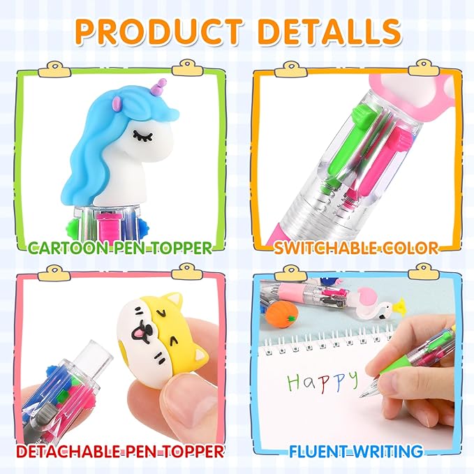 arscniek 100Pcs Multicolor Pen in One, 4-in-1 0.5mm Fine Point Cute Pens, Fun Kawaii Ballpoint Pen for Children's Party Favors, Classroom Prizes, Teacher School Supplies, Bulk Gifts for Students
