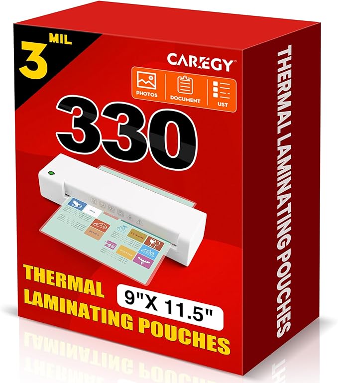 CAREGY Thermal Laminating Pouches,330 Pack Laminating Sheets, 3 Mil, 9 x 11.5 Inches Lamination Sheet Paper for Laminator, Round Corner Letter Size, Office and School Supplies