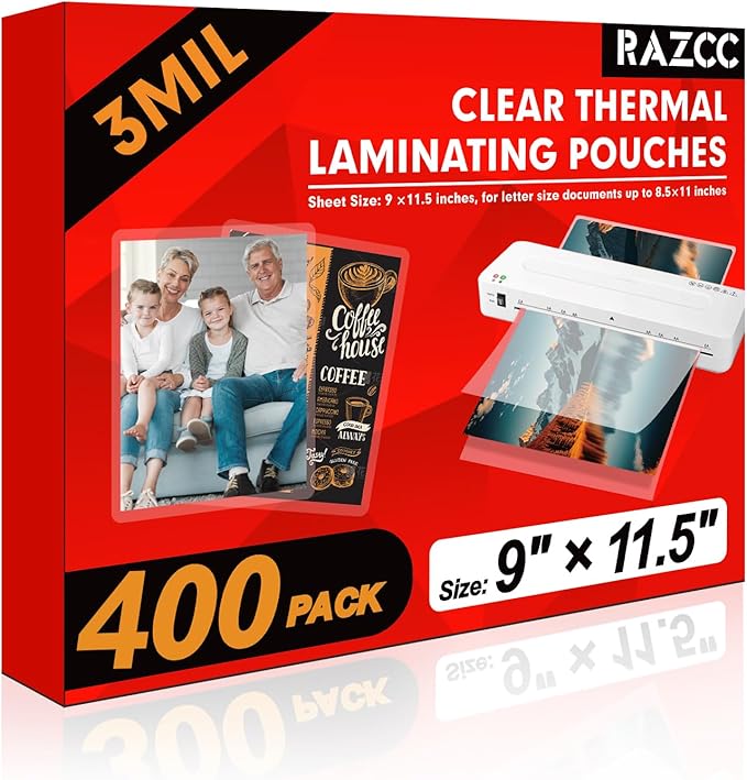 Laminating Sheets, 400 Pack Clear Thermal Laminating Plastic Paper Laminator Sheets, 9 x 11.5-Inch, 3mil, Ideal Office or School Supplies
