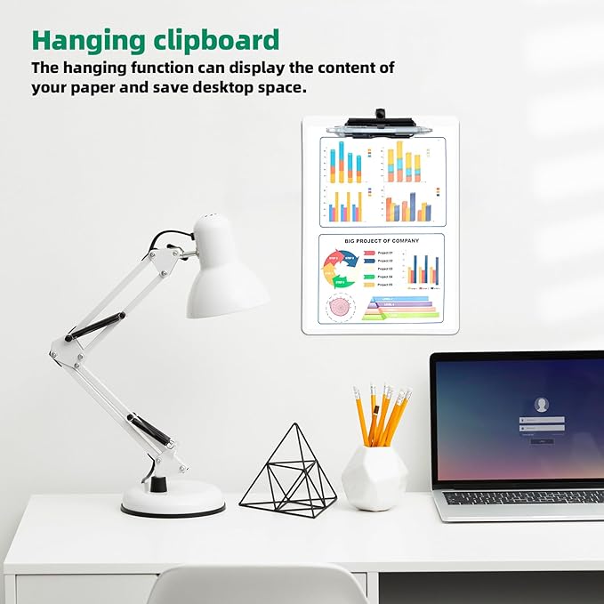 White Clipboard with Pen Holder, 2 Pack Plastic Clipboard with Low Profile Metal Clip, Hanging Clipboards Holds 8.5x11 Inch Papers, Standard A4 Letter Size Clip Board for Office & School