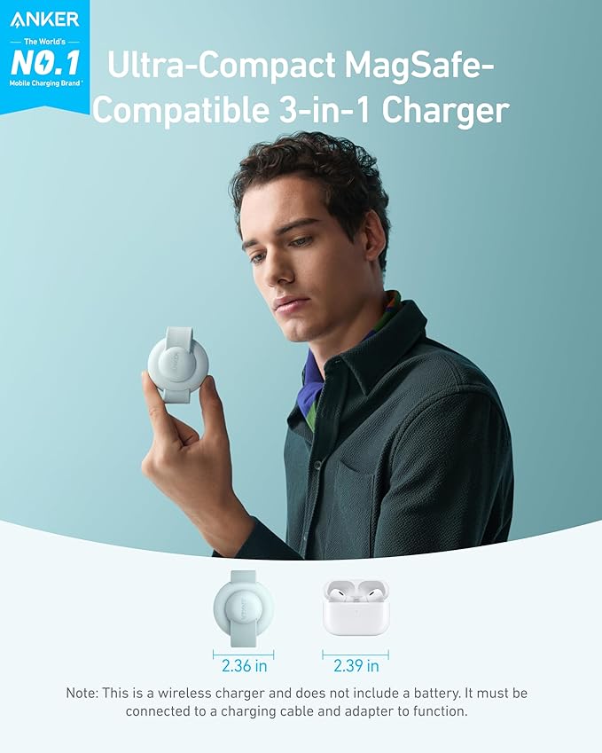 Anker MagSafe Compatible MagGo UFO 3-in-1 Charger, iPhone 17 Wireless Charging Station, 15W Qi2 Certified, Foldable Travel Charging Pad, for iPhone 17/16/15/14, AirPods, Apple Watch (Not a Power Bank)