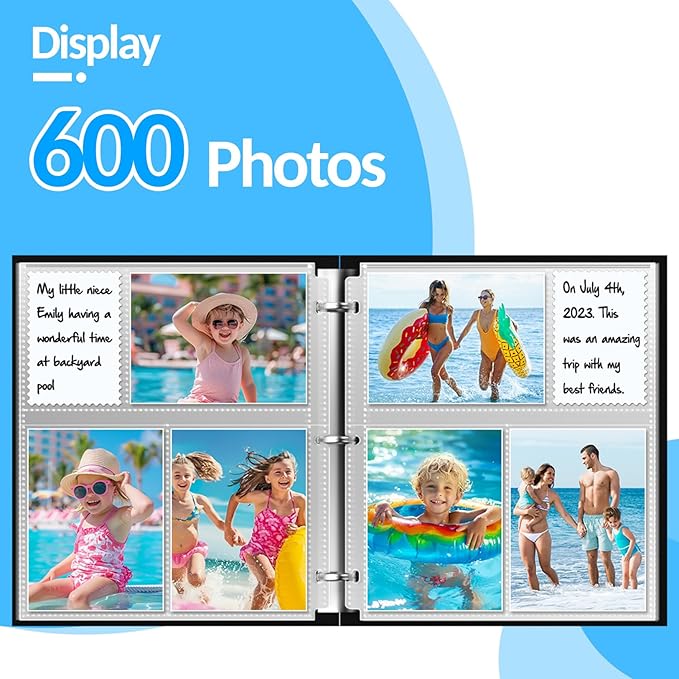 100 Pack 4x6 Photo Sleeves for 3 Ring Binder - 600 Photos, Clear Album Refill Pages, Acid Free Plastic Archival Protector Sleeves, Pages Sheets for 8.5x11 Binder