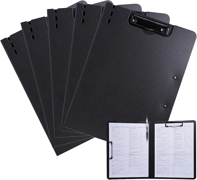 Clipboard Folder, 5 Pack A4 Foldable Clipboard with Horizontal and Vertical Double Metal Clips, 360 Degree Foldable Binder Clipboards with Pen Holder, File Cover Folder Clipboards, Black