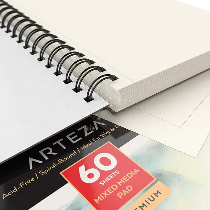 ARTEZA Mixed Media Sketchbook, 5.5 x 8.5 Inches, Pack of 1, 60 Sheets, Micro-Perforated Spiral-Bound Paper Pad for Wet and Dry Media