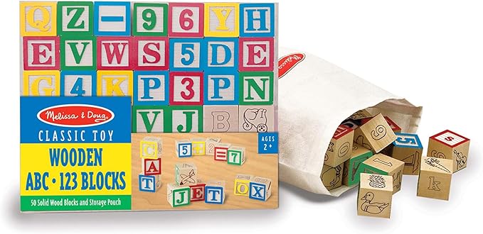 Melissa & Doug Deluxe Wooden ABC/123, 50-Piece Set of Classic Letter & Number Wooden Blocks (1” x 1”) with Storage Pouch, Sorting & Stacking Toys for Kids Ages 2+