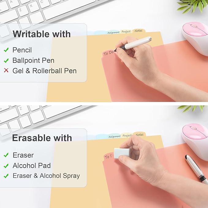 16 Count/2 Sets Write & Erase Binder Dividers with Tabs, Plastic 8 Tab Dividers for 3 Ring Binder Letter Size, Separators for Student School Home Office Document Organizer, Pastel