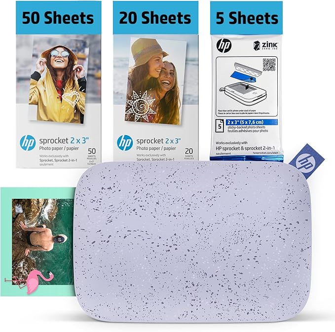 HP Sprocket 2x3 Instant Smartphone Photo Printer 75 Sheets Bundle - Bluetooth Portable Color Wireless Mobile Printer (Purple) Zink Sticky-Back Photos