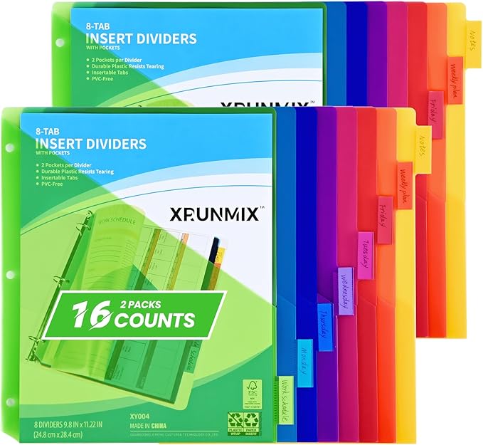 8-Tab Binder Dividers - Index Pockets Divider for 3 Ring Binders, 3-Hole Plastics Sheets Protectors for US Letter Size in 0.5'', 1'', 2'', 3 inch Binders, 8 Colors (XY004) (2 Packs)